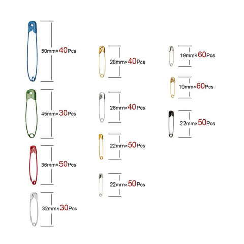 Kickass Assorted Steel Safety Pins Bulk Kit For Sewing Tailoring And Crafting showing varied sizes and colors of safety pins.