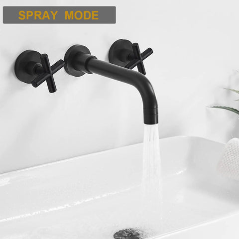Two Handle Wall Mount Bathroom Faucet With Stream And Spray 8 Inch Center 360 Degree Rotating Spout Matte Black Brass Finish