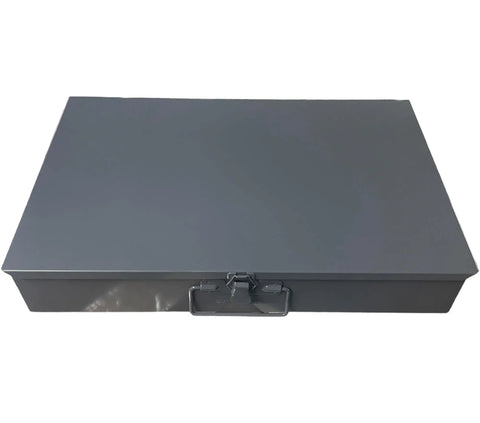 Built Tough Grade 8 Coarse Thread Nuts And Bolts Kit Featuring Zinc Yellow Hex Head Cap Screws Lock Washers And Flat Washers In Four Standard Sizes Paired With A Heavy Duty Twenty Four Compartment Steel Organizer Drawer For Shop Ready Organization, gray steel storage organizer closed.