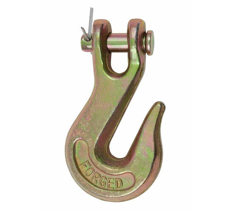 Close-up of a single 10 pack three eighths clevis grab hooks grade 70 for tow chains and wrecker use forged alloy steel G70.