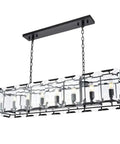 Emerald Cut Crystal 16 Light Chandelier Pendant Lamp With Slick Matte Black Finish And Streamlined Rectangular Frame hung above.