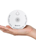 Keep Your Home Hella Safe With This Ultra Compact Wireless Interconnected Smoke Detector Featuring A Ten Year Battery Life And Seamless RF Linked Alerts For Quick Whole House Protection, held in a hand.