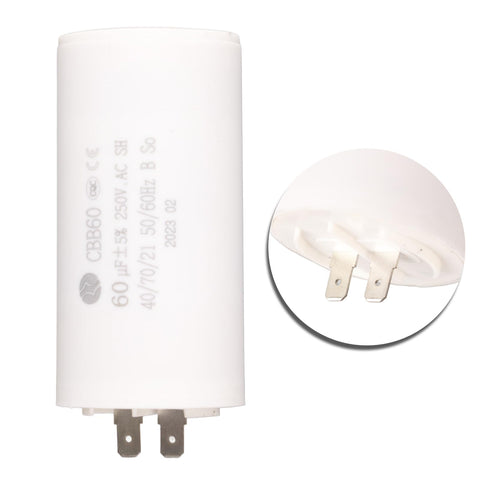 60uF 250V Motor Run Capacitor with heat resistant shell and durable plastic case for washers and air compressors, close-up of terminals