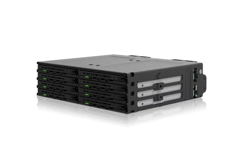 Slick Eight Pack 2.5 Inch SATA SAS Drive Mount For 5.25 Bay Tool Free Mobile Rack showing eight hot swap drive trays.