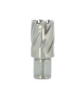 Annular cutter with spiral flutes and a two-flat Weldon shank, front view, silver finish