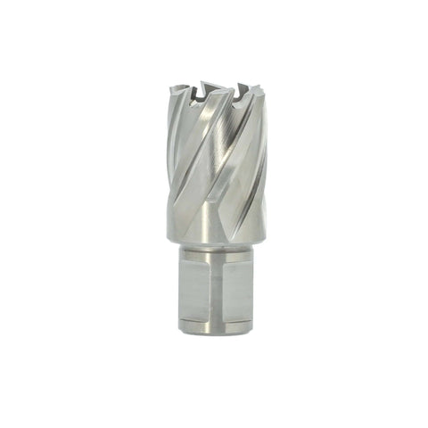 Annular cutter with spiral flutes and a two-flat Weldon shank, front view, silver finish