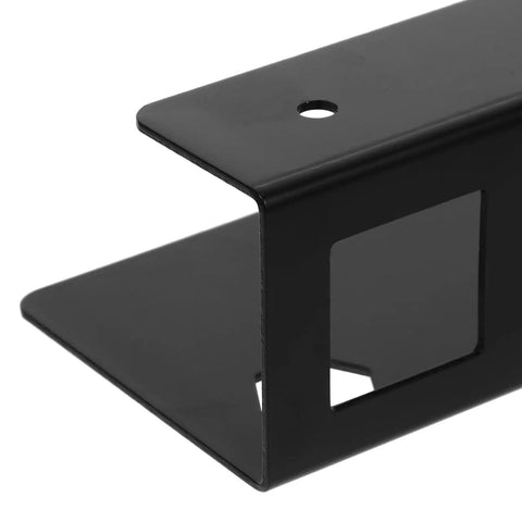 Close-up of sturdy black metal mount from Space Saving Under Desk Laptop Holder Kit for keyboard and cables organization.