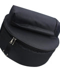 Heavy Duty Oxford Cloth Drum Gig Backpack With Rock Solid Adjustable Padded Straps And Hella Spacious Storage For Go Anywhere Drum Kit Gear And Cymbals, viewed from above showing zipper and padded top.