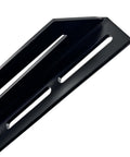Amplifier rack rail, black powder-coated steel with laser-cut slots for car audio equipment (close-up)