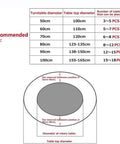 Sizing chart for Rotatable Wooden Serving Tray With 360 Degree Silent Swivel Turntable in various table settings.