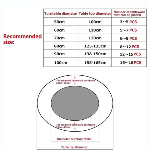 Sizing chart for Rotatable Wooden Serving Tray With 360 Degree Silent Swivel Turntable in various table settings.