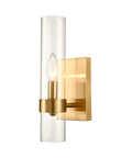 Brushed Gold Wall Sconce With Clear Glass Cylinder Shade 1 Light Modern Transitional Wall Light Fixture with glowing bulb