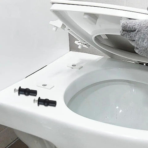 Solid Brass Core Expanding Rubber Screw Bolts For Universal Top Mount Toilet Seats Blind Hole Quick Replacement Hardware Kit Four Piece Set installed on a toilet.