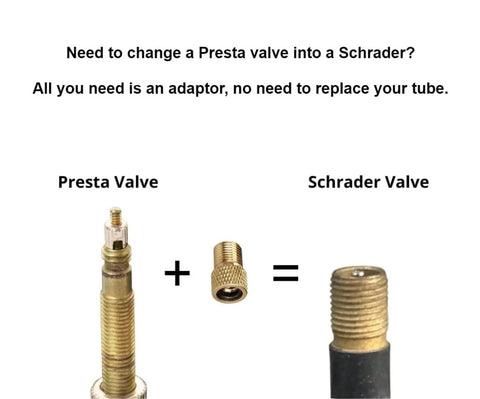 Diagram showing Presta valve, brass adapter, and Schrader valve for Valve Adapter Set For Presta To Schrader, Universal Fit For Bikes And EScooters.