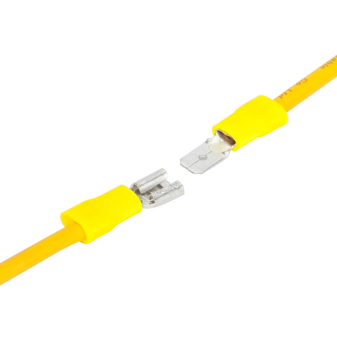100 Pack Yellow Insulated Female Spade Connectors Kit For 12-10 AWG Wire One Quarter Inch Quick Disconnects Tinned Copper PVC Terminals