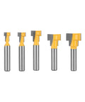 Premium 5 Piece Keyhole Router Bit Set With Hardened Carbide Cutters shown from front, featuring steel shanks and sharp carbide edges.