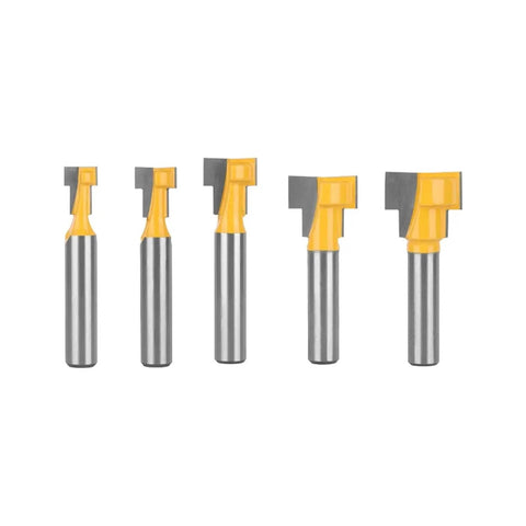 Premium 5 Piece Keyhole Router Bit Set With Hardened Carbide Cutters shown from front, featuring steel shanks and sharp carbide edges.