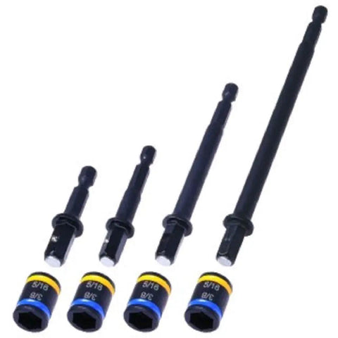 Set of Dual Sided Hex Driver For Five Sixteenth Inch And Three Eighth Inch Sockets Four Inch Length Magnetic Reversible Bit Driver Easy To Clean Cleanable Works With Zip In And Bit Tip Screws MSHMLC1 showing four hex drivers and sockets