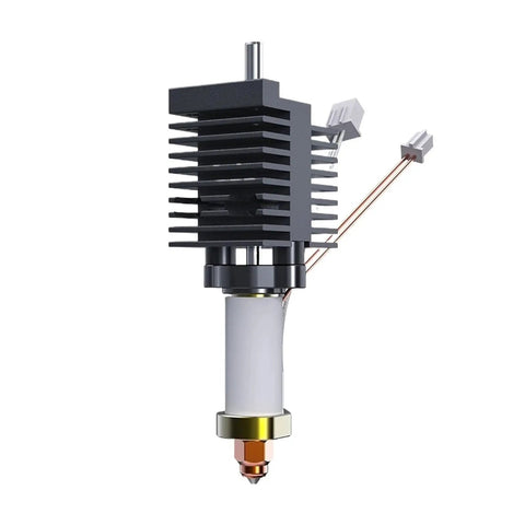 K2 Plus 100W Ceramic Hotend Kit With Quick Swap Nozzle And Durable Heating Block 350C Max Temperature Easy Nozzle Changes For Faster Filament Melts And Minimum Downtime. 3D printer hotend with black heatsink, ceramic block, and nozzle