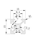 15x15mm Aluminum T-Slot Rails detailed drawing for 3D printer builds or camera sliders, showing precise dimensions.