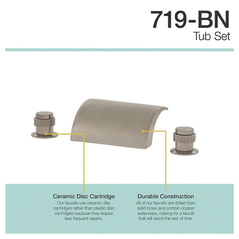 Two Handle Tub Mount Roman Tub Faucet in Brushed Nickel Finish with easy three-hole installation, ceramic cartridges visible