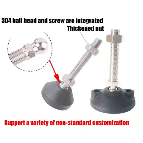 Rustproof Swivel Adjustable Leveling Feet With Sturdy 304 Stainless Steel Rods And Rock Solid 3 Inch Nylon Pads close-up showing integrated ball head and nut.