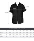 Sleek Black Barber Jacket With Zippered Front And Contrast Pockets XL Nylon Short Sleeve Top For Salons size chart and measurements.
