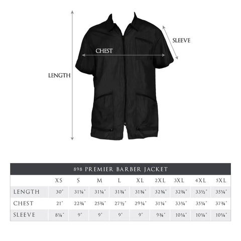 Sleek Black Barber Jacket With Zippered Front And Contrast Pockets XL Nylon Short Sleeve Top For Salons size chart and measurements.