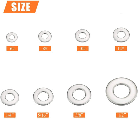 Front view: stainless steel flat washers assortment kit, 270-piece, 8 sizes: 1/4, 5/16, 3/8, 1/2, #6, #8, #10, #12.
