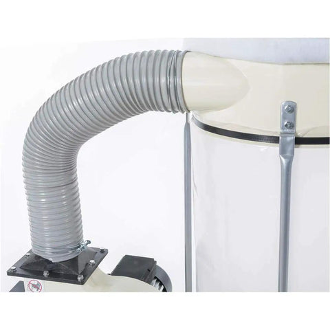 Professional Grade Heavy Duty Two HP Dust Collector Heavy Hitting Beast With Massive Twelve Inch Impeller Pumping One Thousand Five Hundred CFM Straight To Your Shop In White hose attachment for efficient dust collection