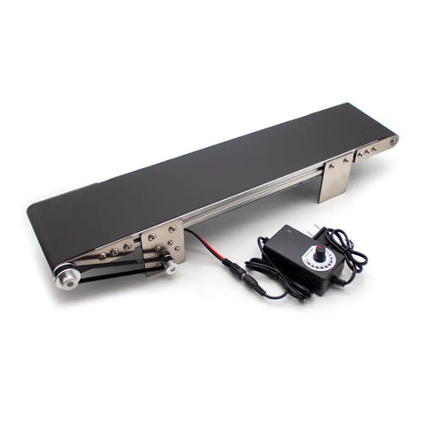 Mini Metal Desktop Conveyor Belt For Small Assembly Lines Electric Conveyor Machine With Friction Experiment Setup And Teaching Equipment AC 100 240V 490mm Long And 100mm Wide Durable Aluminum Alloy Frame With Stainless Steel Supports