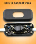 Open view of Inline Cord Switch 2 Pack On Off DPST Control Lamp Switch for Bedroom Table Lamps and Desk LED Lighting installation.