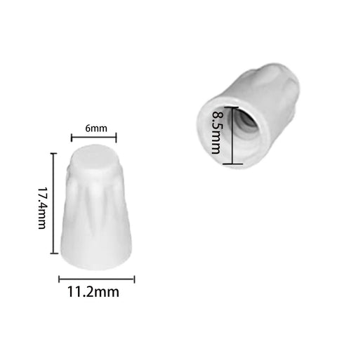 Front view: white ceramic connector with twist cap for 22-10 AWG high-temp wires; 11.2mm x 17.4mm, 8.5mm bore
