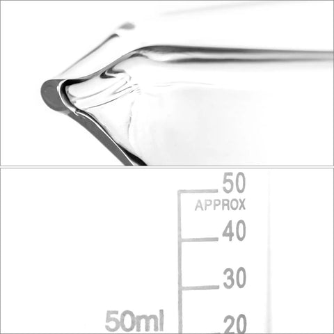 Close-up of Spout and Graduations on Sturdy Glass Beaker Set 50ml Six Pack, 3.3 Borosilicate Griffin Low Form Lab Glassware.