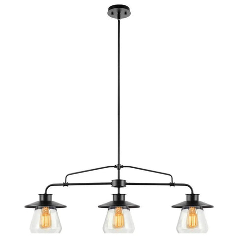 Three Light Pendant In Oil Rubbed Bronze With Clear Glass Shades, Classic Vintage Industrial Vibe For Any Ceiling, Adjustable Three Rod Suspension, Bulbs Not Included