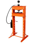 Badass 30 Ton Air Hydraulic Shop Press With Gauge And Air Pump, Heavy Duty H Frame Bearing Press For Automotive Repair And Metalworking, Adjustable Height 0.2 To 36 Inches, No Sweat Garage Workshop Tool In Orange, displayed in upright position.