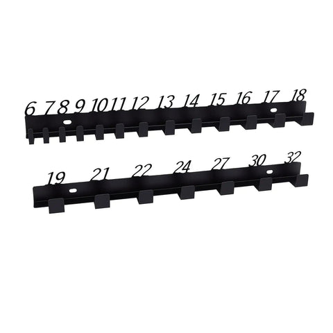 Wall Mounted Wrench Organizer Rack With Numbered Slots 6-32, tool storage holder showing two black steel racks with numbered slots.