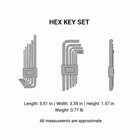 Get Rock Solid 7 Piece S2 Carbon Steel Hex Key Set, 7-piece Allen wrench set in black case, side view with dimensions