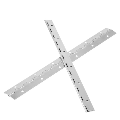Top Shelf 12 Inch Stainless Steel Piano Hinges For Furniture With Smooth Operator Action And No Fuss Screw Installs Heavy Duty Continuous Door Hardware Built Like A Tank Total Shop Upgrade - angled view showing flat bar design and screw holes.