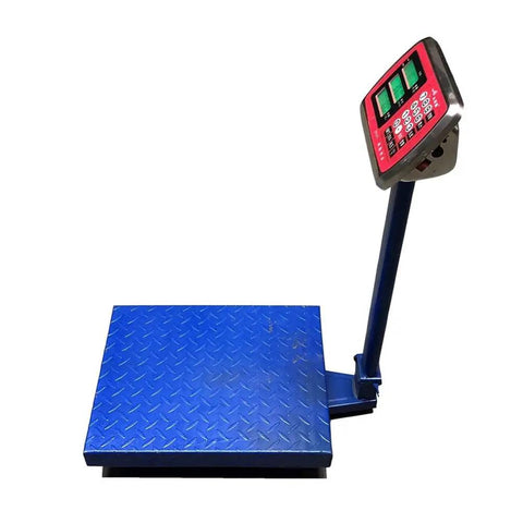 Heavy Duty Foldable Digital Floor Scale Delivering Straight Shooter Accuracy HD LCD Display And No Hassle Rechargeable Power For Luggage And Parcel Weighing Up To Six Sixty Pounds, blue metal platform with LCD display.
