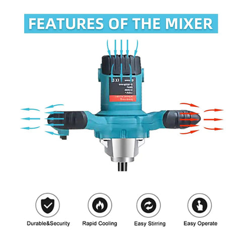 Features of Powerful 2100W Portable Concrete Mixer With Six Speed Settings, handheld design, durable steel construction.