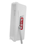Tough As Nails White Surface Mount Fire Extinguisher Box With Snag Free Break Bar Lid Fits 20 Pound Cylinders, showing side view design.