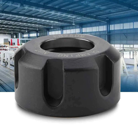 Collet Clamping Nut For Lathe Tools, Metal Chuck Holder With Dynamic Balancing, 42CrMo Steel, Black Finish, Workshop Background