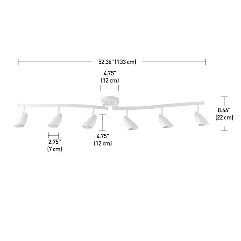 Diagram of 52 Inch Six Light S Shaped Track Lighting Kit In A Cool Matte Black Finish With Adjustable Heads And Pivot Shades Dimmable Ceiling Light Fixture For Kitchen And Living Areas Bulbs Not Included showing dimensions