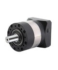 Heavy Duty Round Flange Planetary Gearbox Delivers Rock Solid Torque Conversion With Ultra Low Backlash For Motor Reducer Projects And Knockout Smooth Cruising At Four To One Ratios In Red, side view showing flange and shaft.