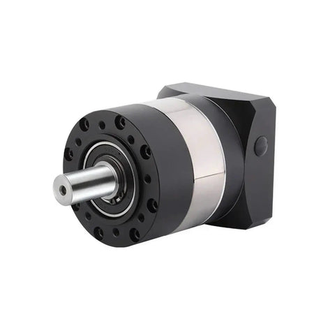 Heavy Duty Round Flange Planetary Gearbox Delivers Rock Solid Torque Conversion With Ultra Low Backlash For Motor Reducer Projects And Knockout Smooth Cruising At Four To One Ratios In Red, side view showing flange and shaft.
