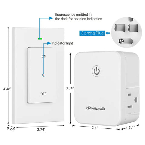 Dimensions of Remote Control Outlet Wireless Wall Switch With 2 Side Outlets, showing indicator light and 3-prong plug.