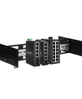 2U 19 Inch Din Rail Chassis Bracket Depth Adjustable Rackmount Kit in aluminum holding Ethernet switches