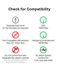 Compatibility chart for Smart Ceiling Fan Controller And Dimmer Switch For Easy Breeze And Lit Ambiance With Four Speeds.