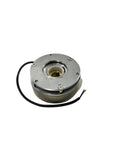 Electromagnetic brake assembly for forklifts, part 03-214A, silver metal unit with central gear-like bore and black wiring.